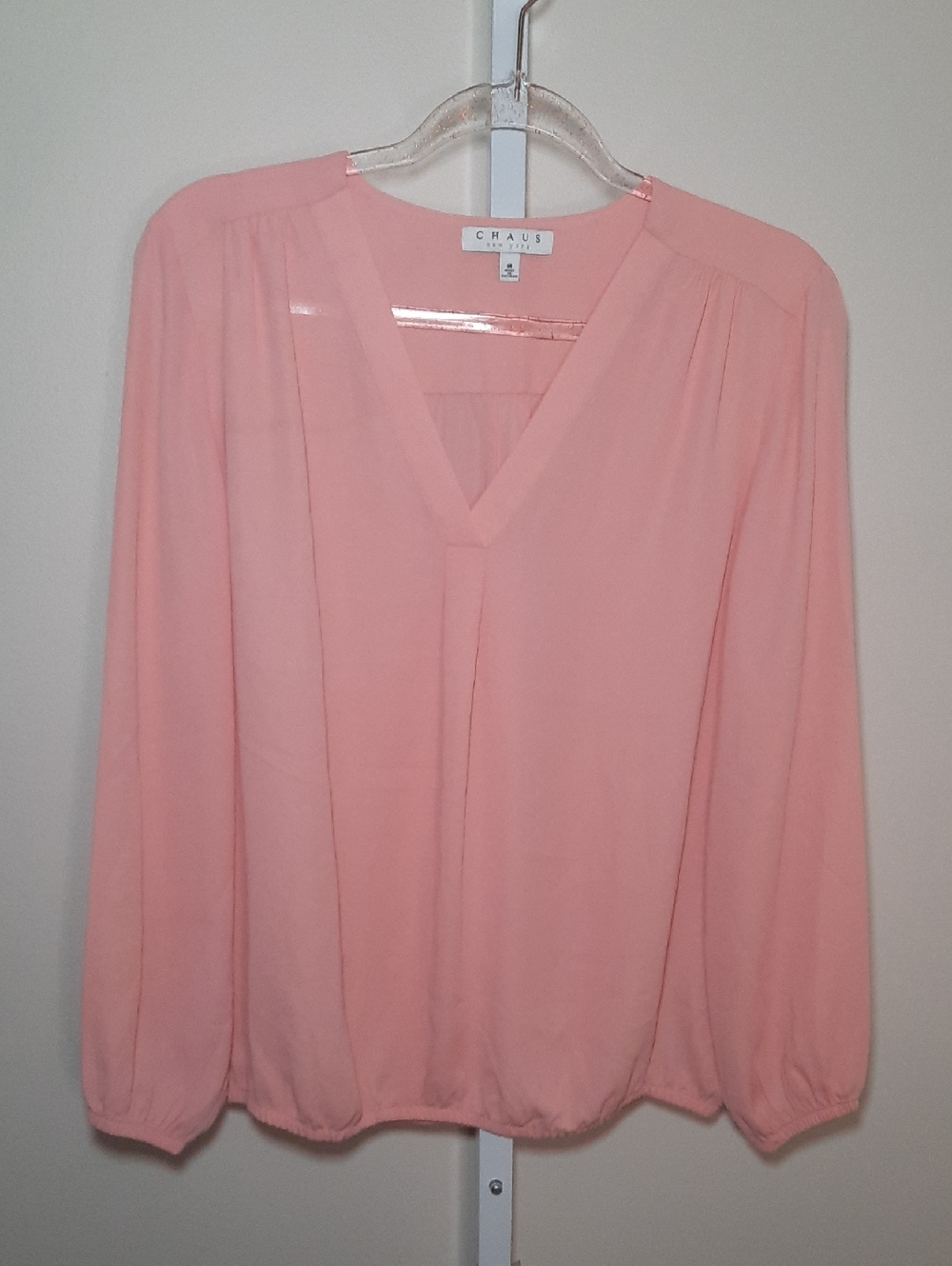 Chaus V-Neck Long Sleeve Blouse With Elasticized Sleeves And Bottom, Peach Blush